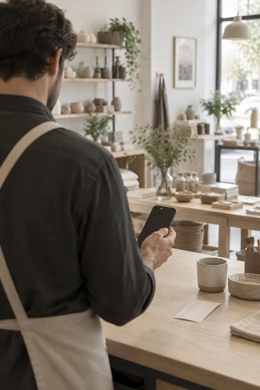 A business owner checking his phone at the shop counter